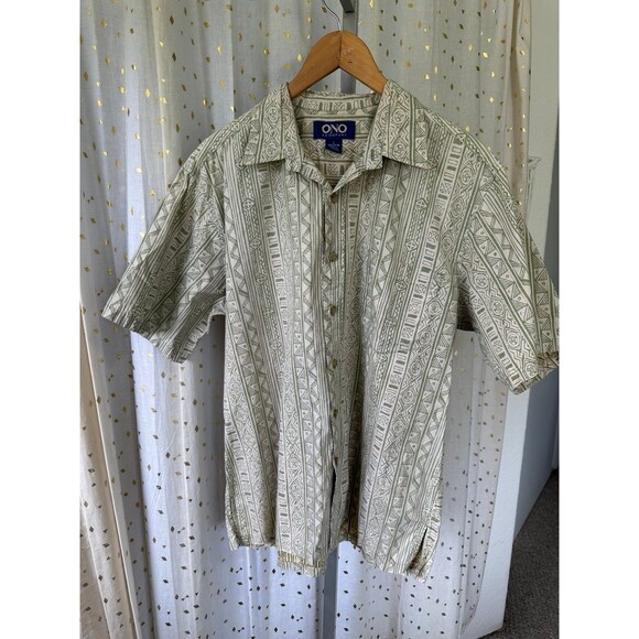 Ono & Company Men's 100% Cotton Hawaiian Tribal Geometric Reverse Print Shirt L - Picture 2 of 6